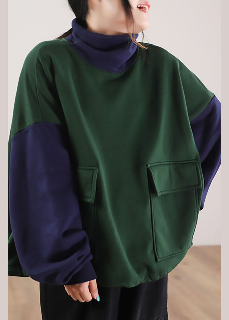 Green Turtle Neck Patchwork Cotton Sweatshirts Tracksuits Winter