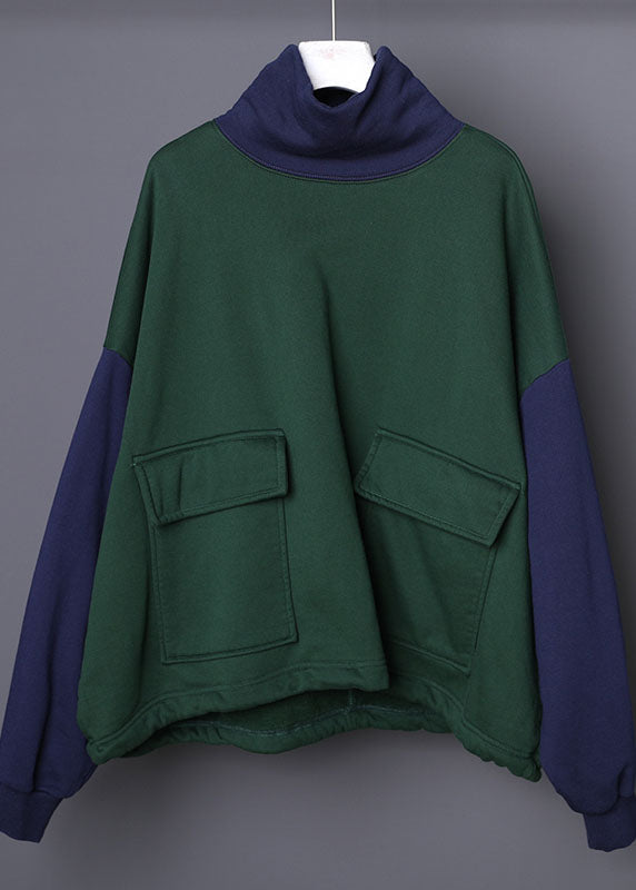 Green Turtle Neck Patchwork Cotton Sweatshirts Tracksuits Winter