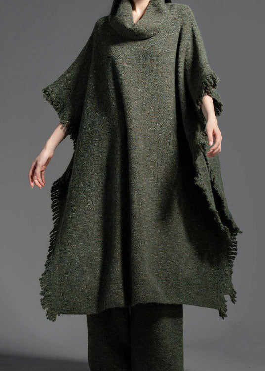 Green Turtle Neck Side Open Wool Knit Dress Winter