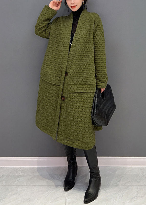 Green V Neck Cotton Filled Exra Large Hem Trench Coat Winter
