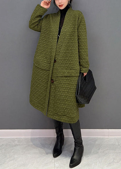 Green V Neck Cotton Filled Exra Large Hem Trench Coat Winter