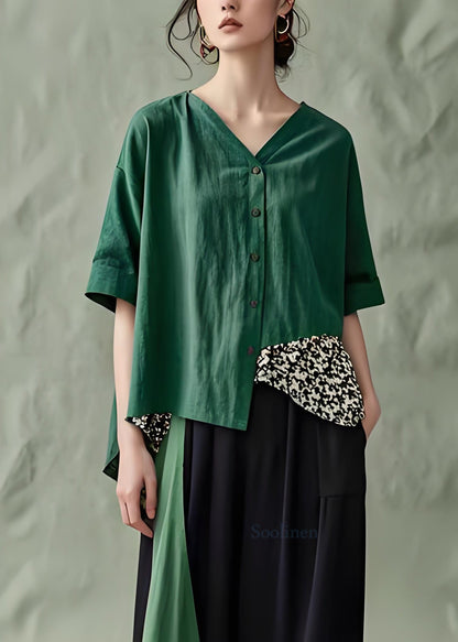 Green V Neck Button Patchwork Cotton Top Summer