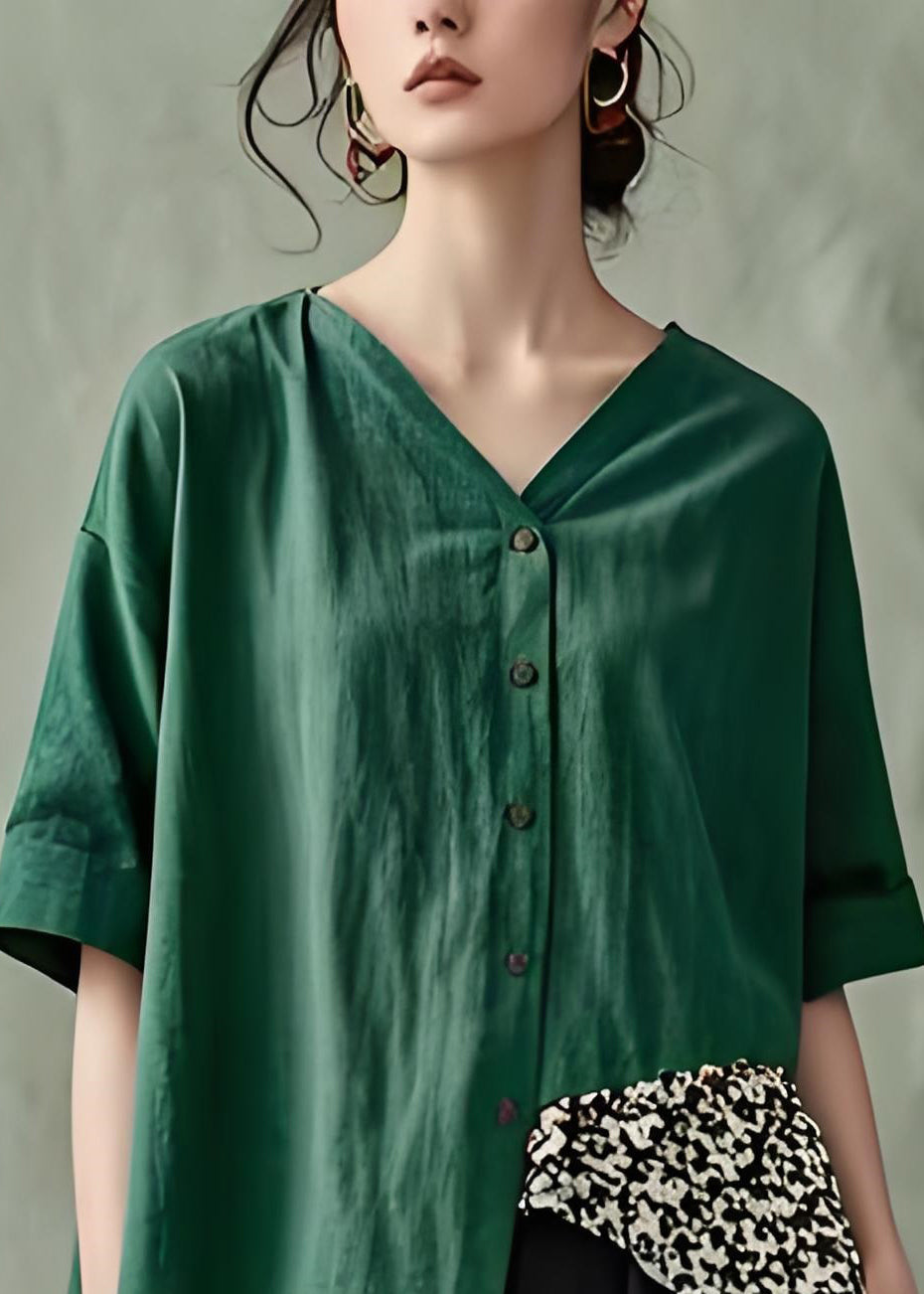 Green V Neck Button Patchwork Cotton Top Summer