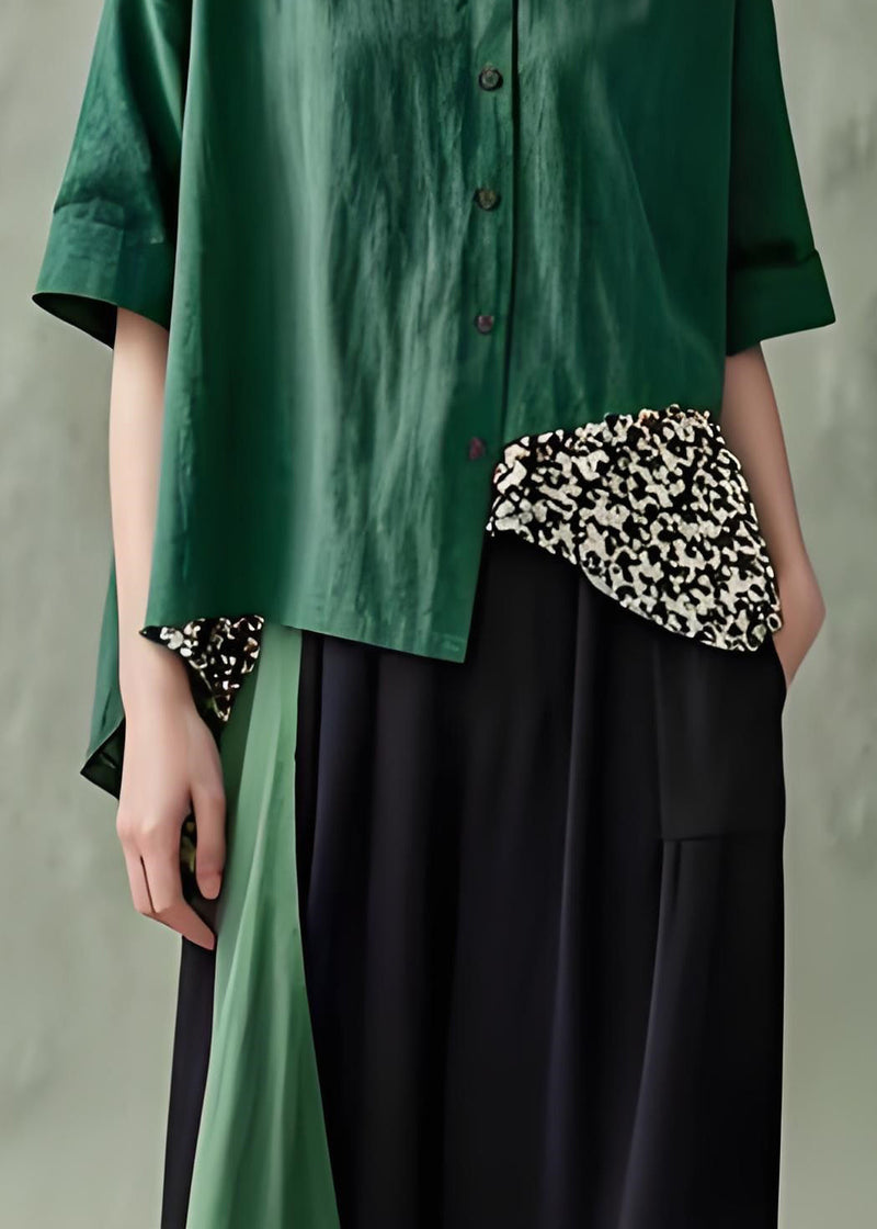 Green V Neck Button Patchwork Cotton Top Summer