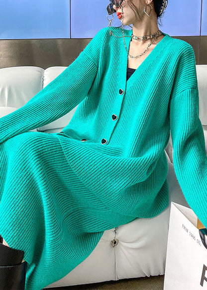 Green V Neck Button Winter Knit Two-piece Set
