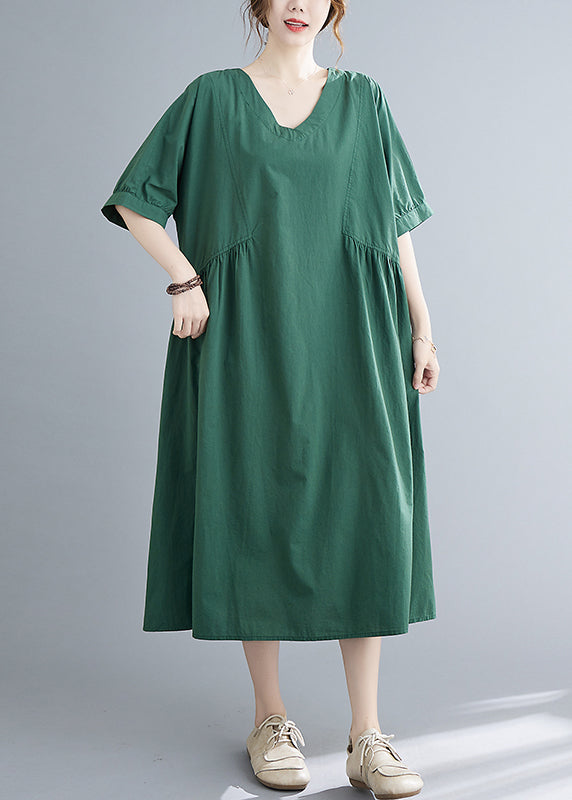 Green V Neck Cinched Pocket Dress Short Sleeve