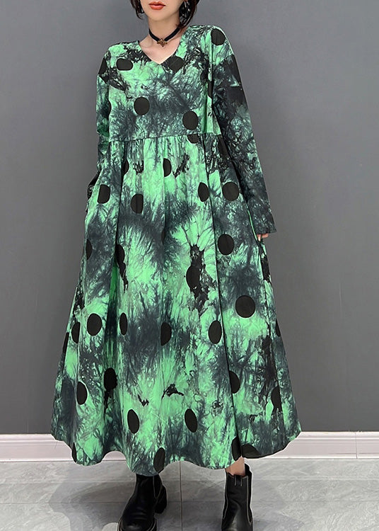 Green V Neck Dot Holiday Maxi Shirts Dress Long Sleeve