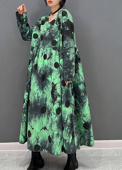 Green V Neck Dot Holiday Maxi Shirts Dress Long Sleeve