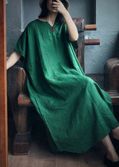 Green V Neck Embroideried Pockets Linen Maxi Dresses Short Sleeve