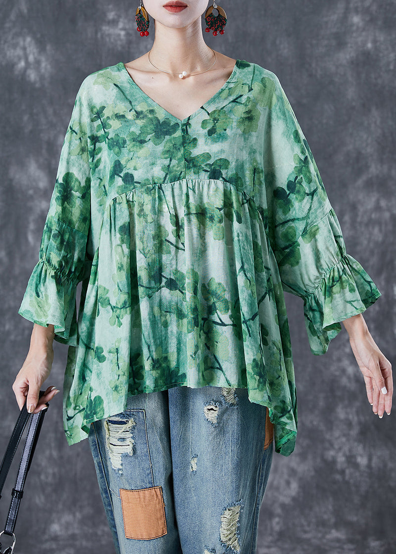 Green V Neck Print Linen Shirts Batwing Sleeve