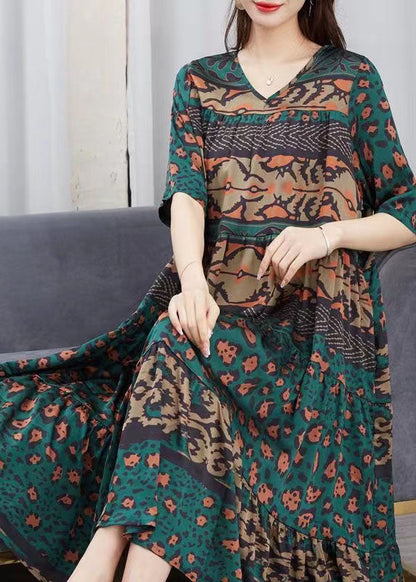 Green V Neck Print Patchwork Chiffon Dress Summer