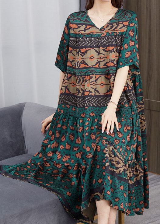 Green V Neck Print Patchwork Chiffon Dress Summer