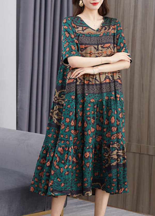 Green V Neck Print Patchwork Chiffon Dress Summer