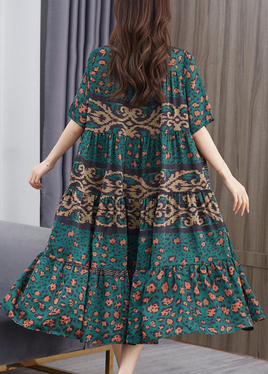 Green V Neck Print Patchwork Chiffon Dress Summer