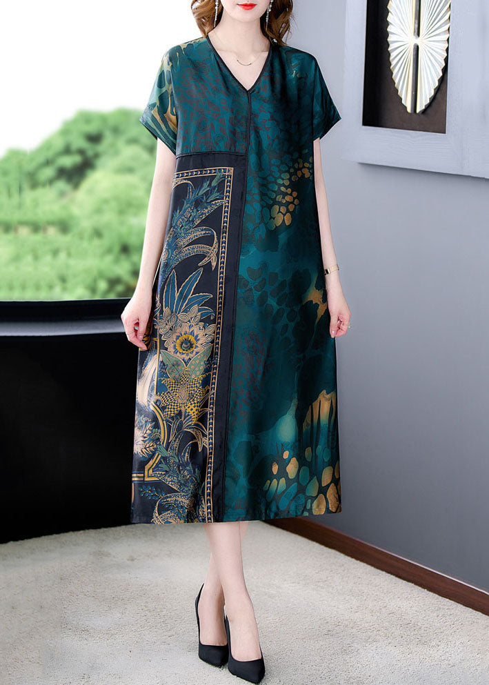 Green V Neck Print Patchwork Silk Dress Summer