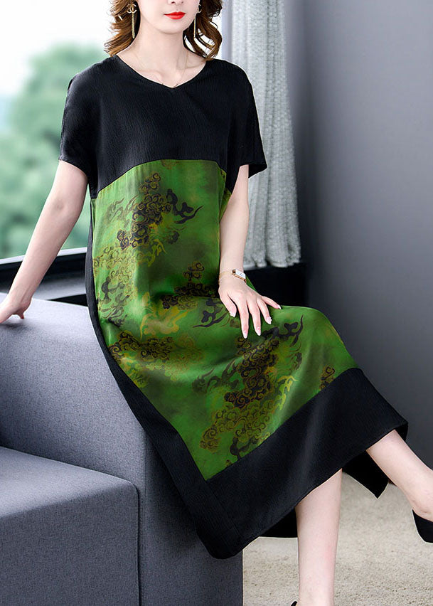 Green V Neck Print Pockets Patchwork Silk Dress Summer