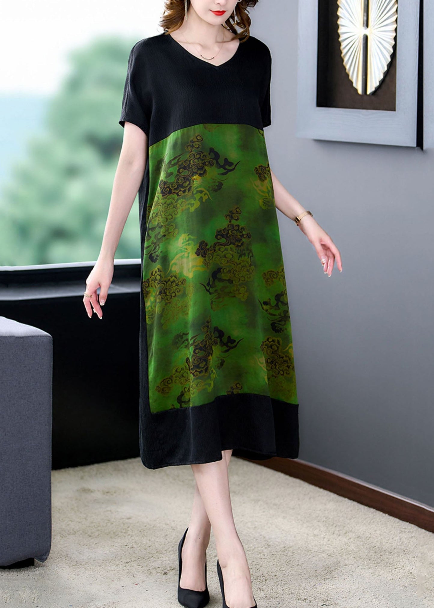 Green V Neck Print Pockets Patchwork Silk Dress Summer