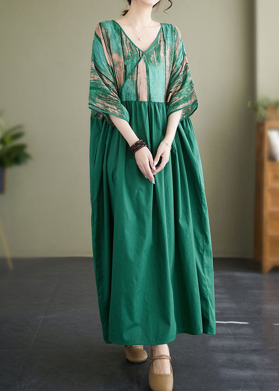 Green V Neck Print Wrinkled Patchwork Cotton Long Dress Summer