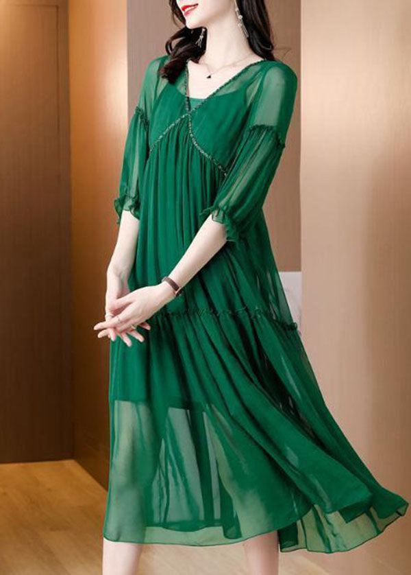 Green V Neck Ruffled Chiffon Party Dress Bracelet Sleeve