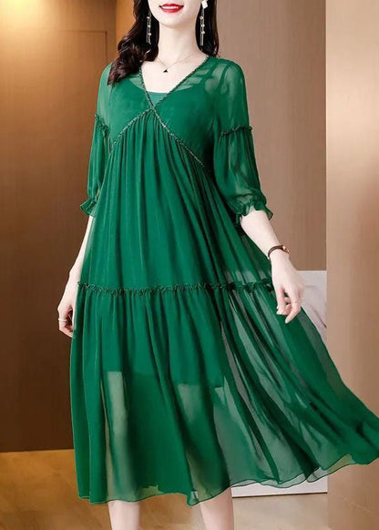Green V Neck Ruffled Chiffon Party Dress Bracelet Sleeve