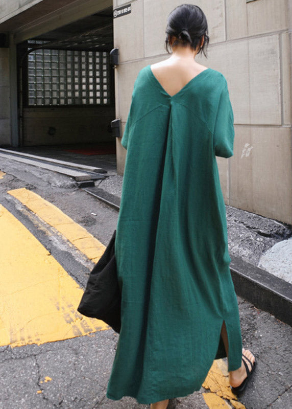 Green V Neck Side Open Long Dress Short Sleeve
