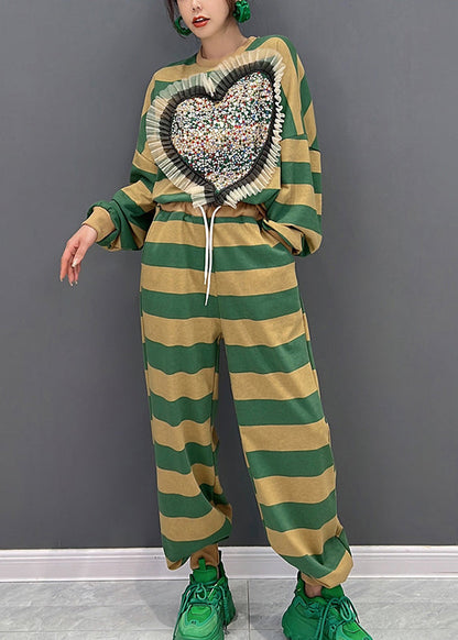 Green Yellow Striped O-neck Loving Heart Top and Pants Two Pieces Set Fall