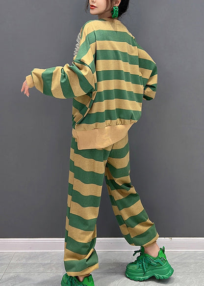Green Yellow Striped O-neck Loving Heart Top and Pants Two Pieces Set Fall