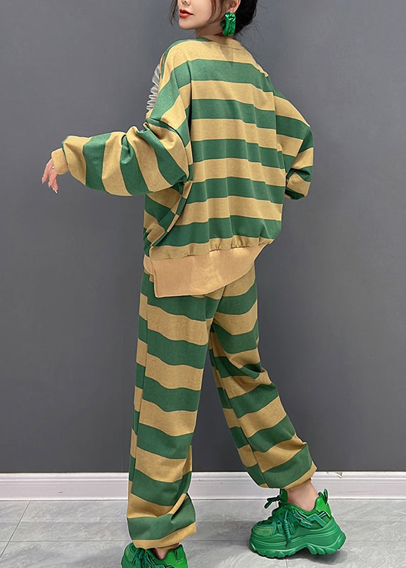 Green Yellow Striped O-neck Loving Heart Top and Pants Two Pieces Set Fall