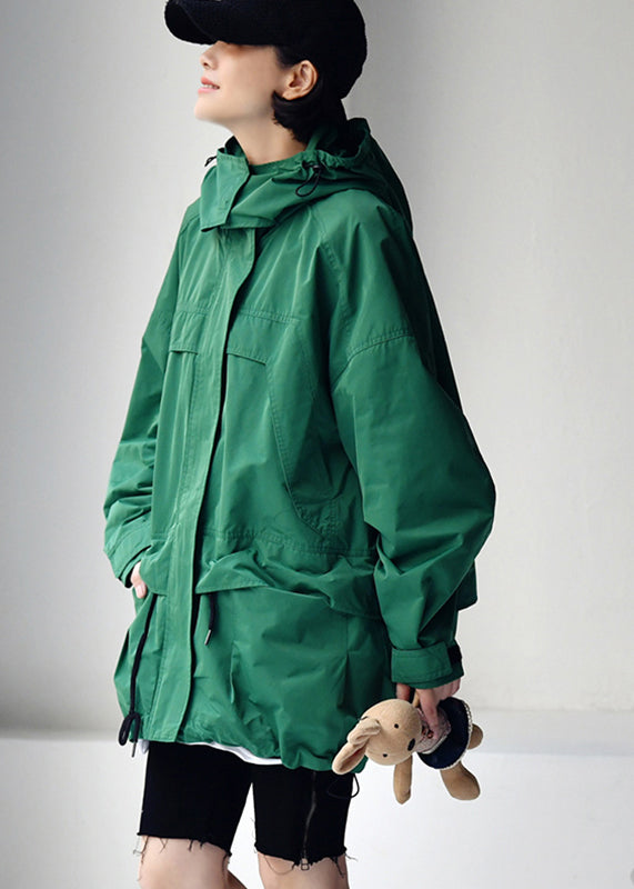 Green Zippered Patchwork Drawstring Hooded Coats Fall