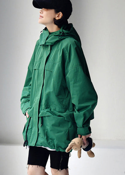 Green Zippered Patchwork Drawstring Hooded Coats Fall