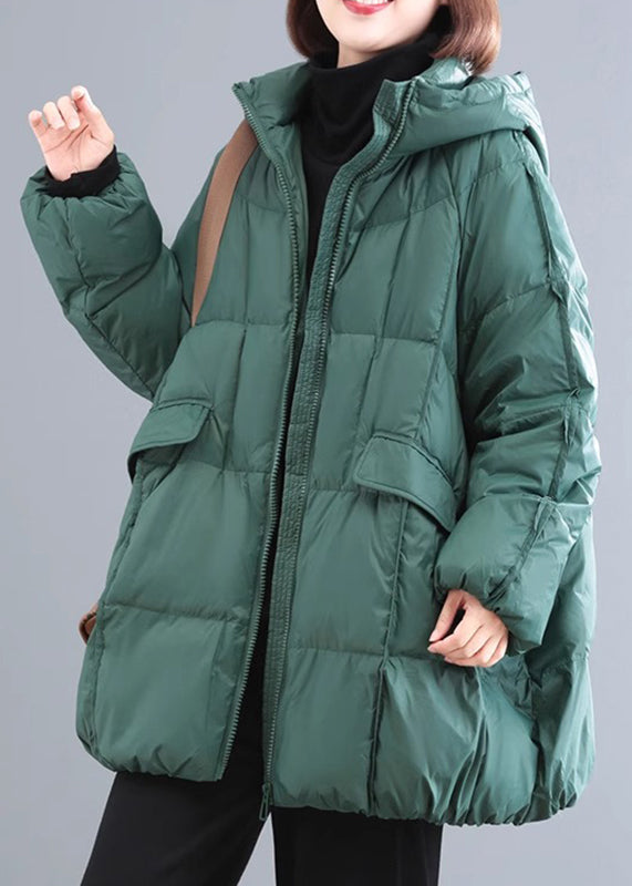 Green Zippered Pockets Plaid Thick Hooded Parka Winter
