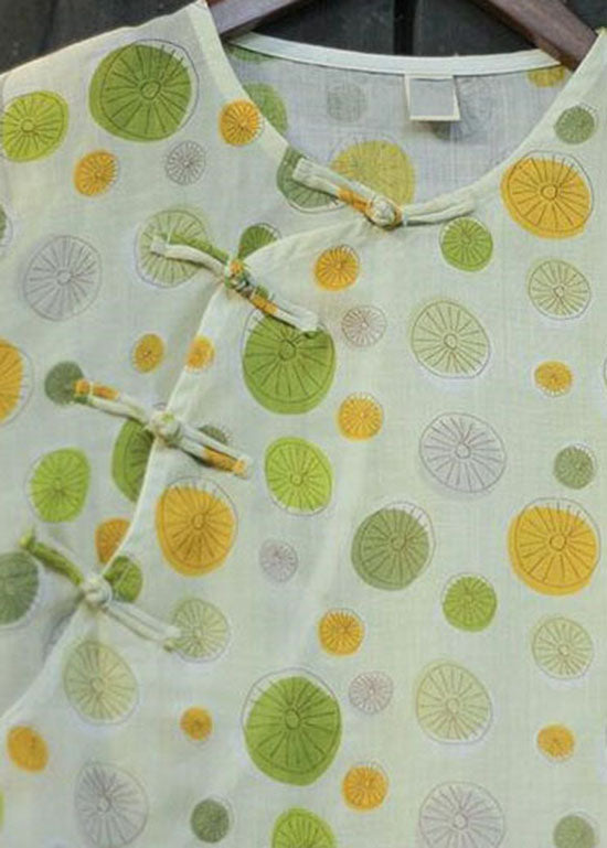 Green Button O-neck Dot Print Tops Half Sleeve
