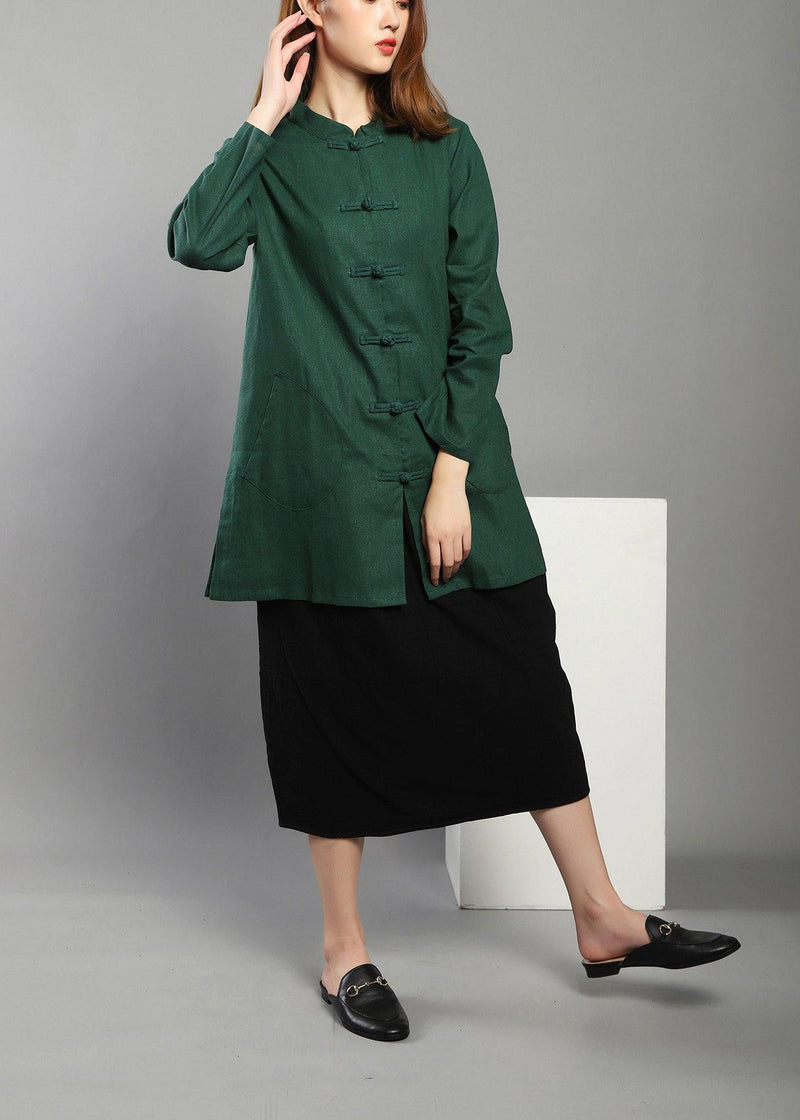 Green Low High Design Chinese Button Spring Shirt Tops