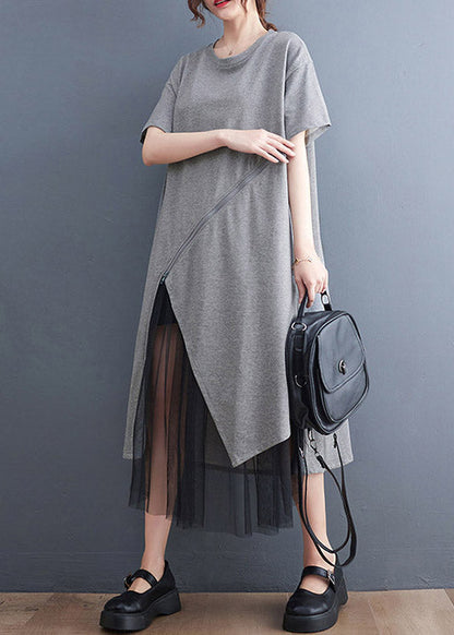 Grey Asymmetrical Tulle Patchwork Maxi Dress Summer
