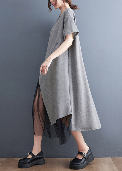 Grey Asymmetrical Tulle Patchwork Maxi Dress Summer