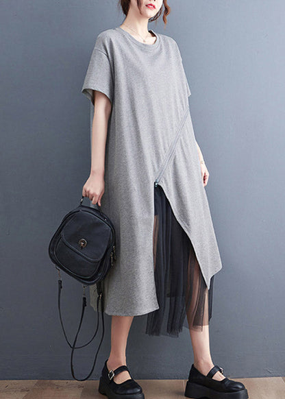 Grey Asymmetrical Tulle Patchwork Maxi Dress Summer