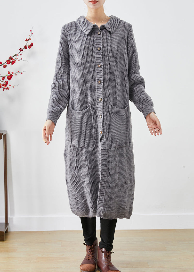 Grey Button Down Pockets Knit Long Coats Fall