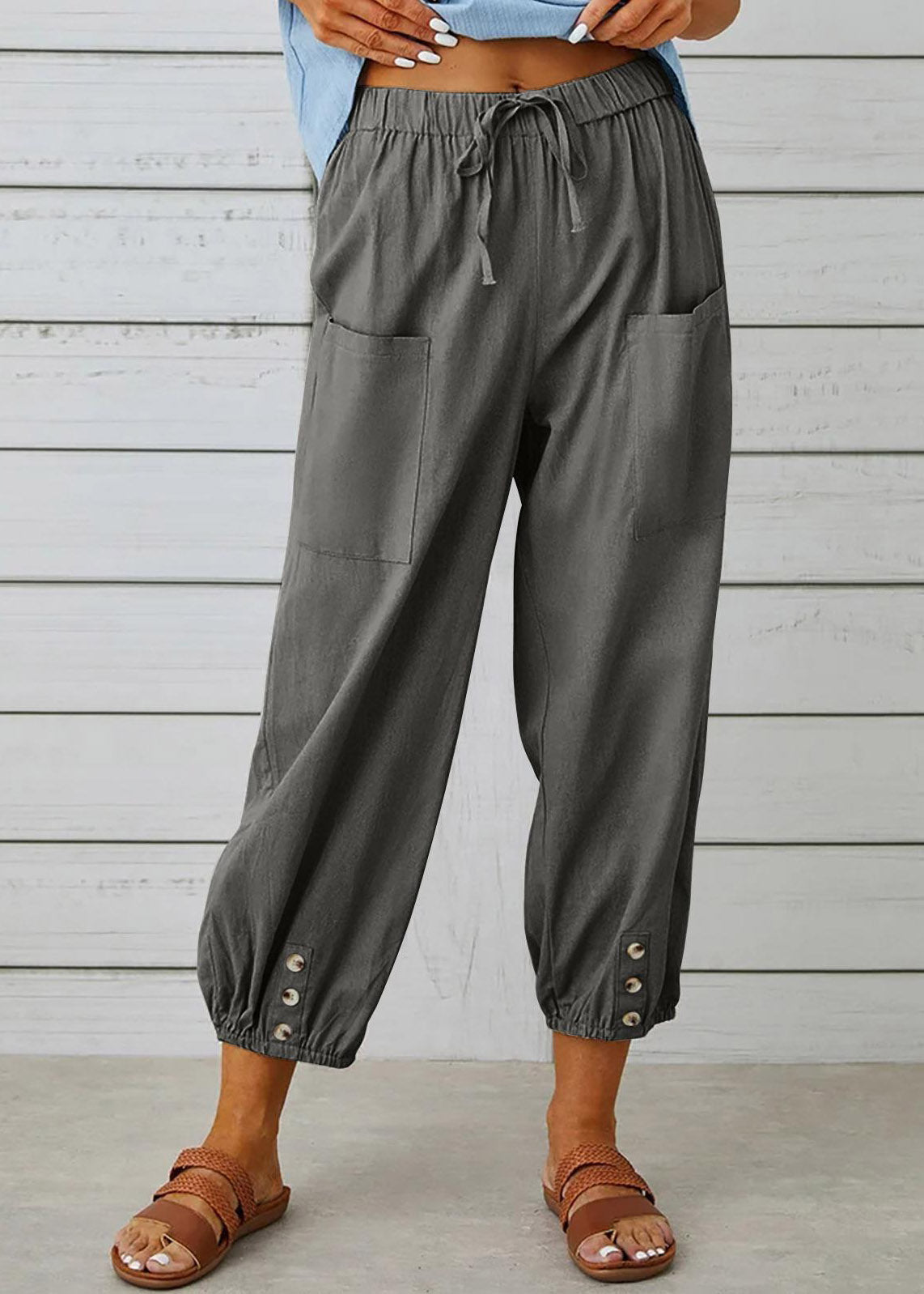 Grey Elastic Waist Crop Pants Summer