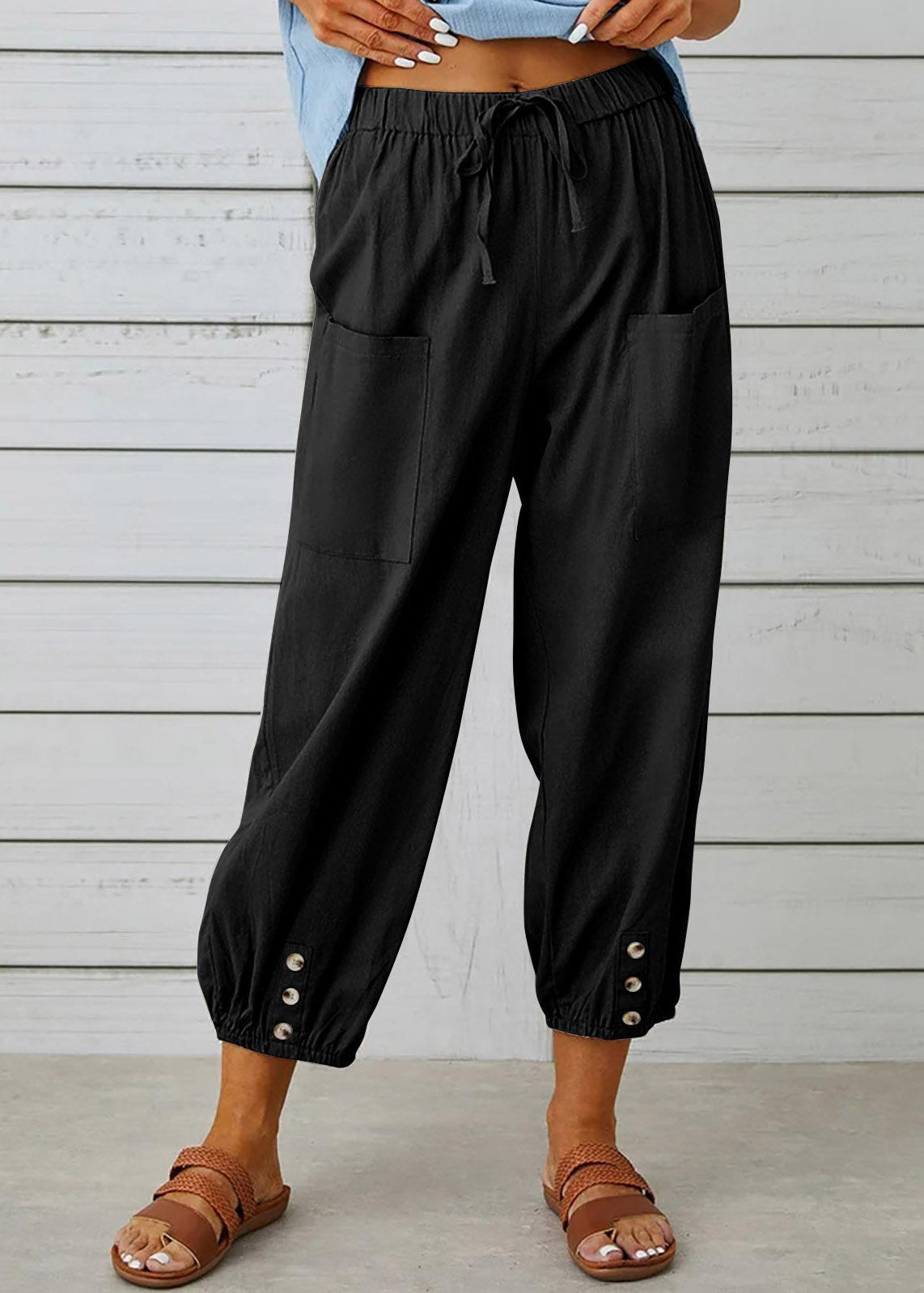 Grey Elastic Waist Crop Pants Summer