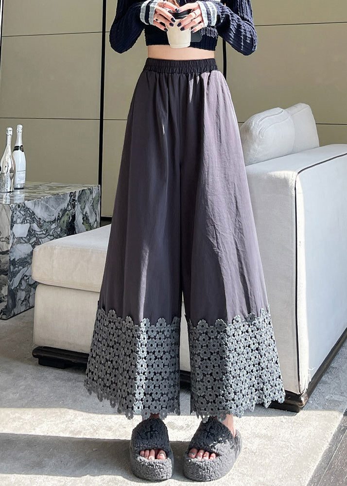 Grey Patchwork Cotton Wide Leg Pants Spring