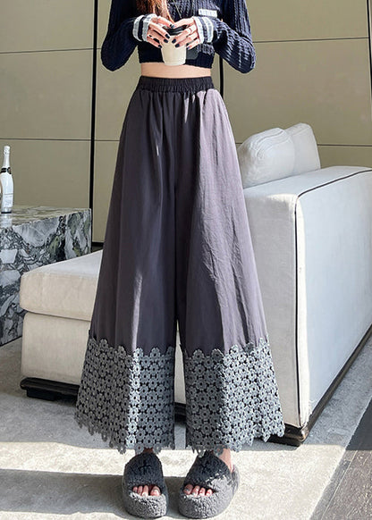 Grey Patchwork Cotton Wide Leg Pants Spring