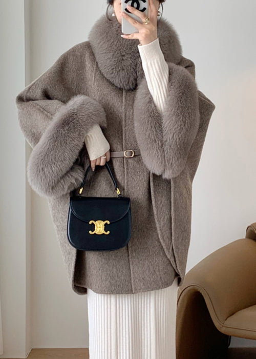 Grey Fox Collar Pockets Leather and Fur Coats Winter