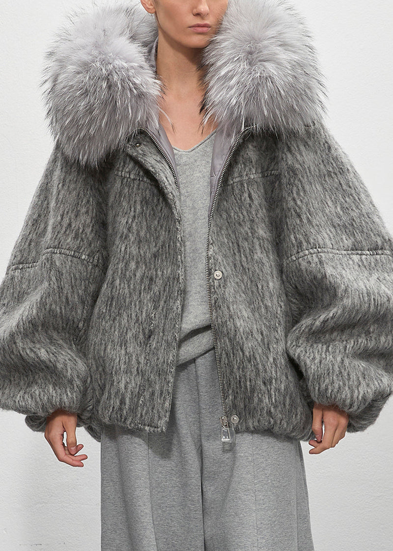 Grey Fur Collar Zippered Duck Down Puffer Coat Winter