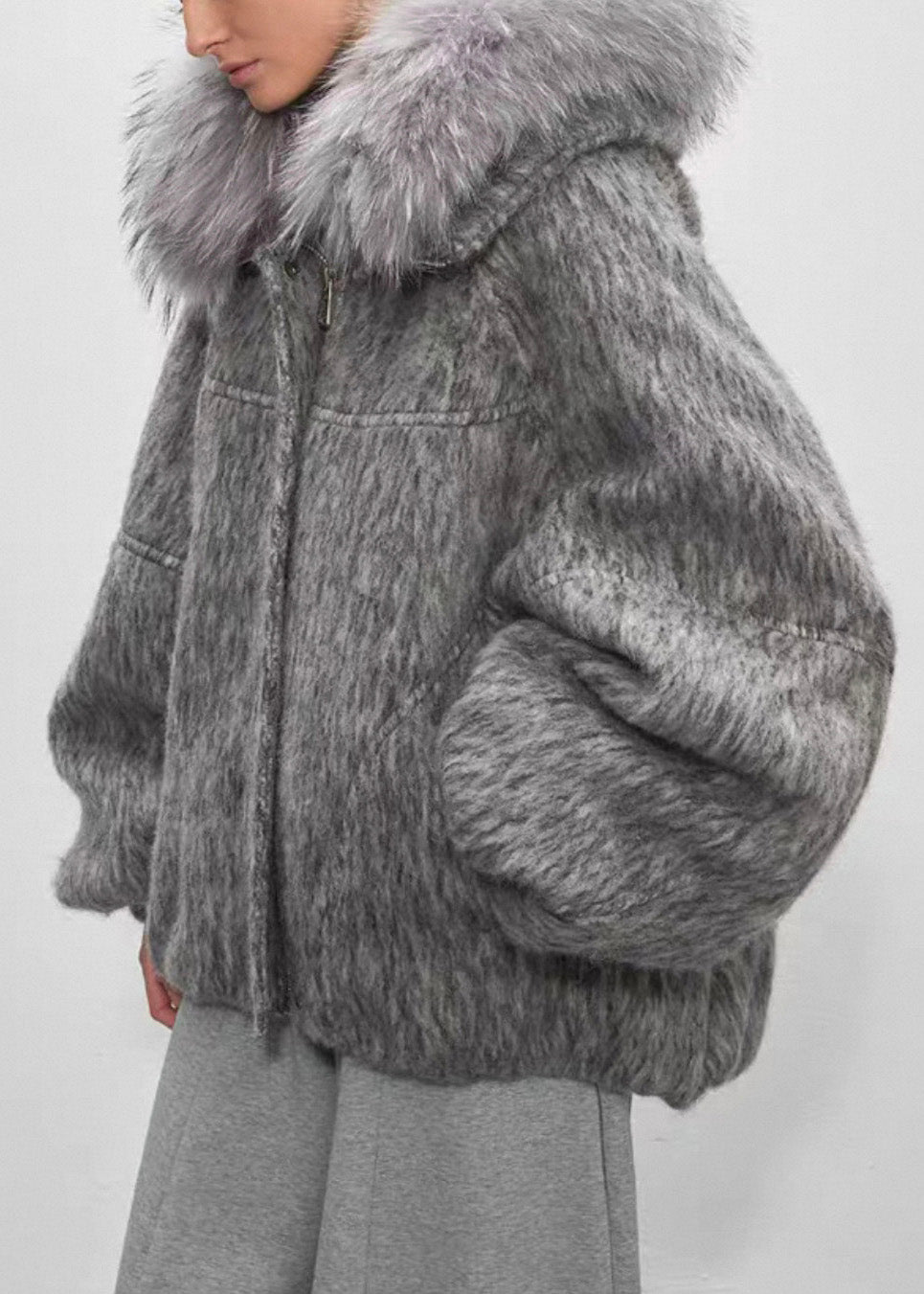 Grey Fur Collar Zippered Duck Down Puffer Coat Winter