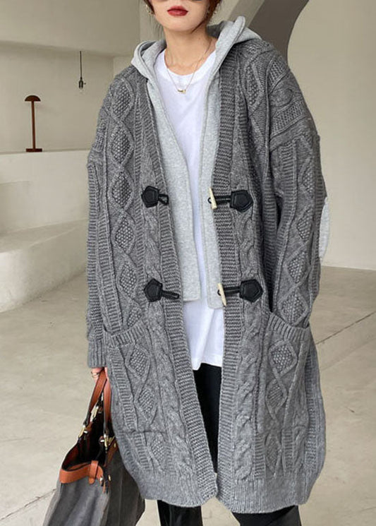Grey Hooded Patchwork Knit Sweaters Winter Coat