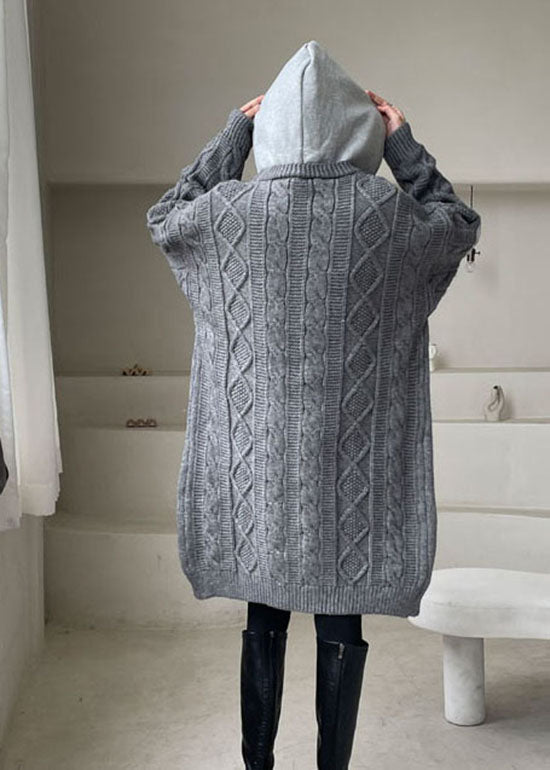 Grey Hooded Patchwork Knit Sweaters Winter Coat