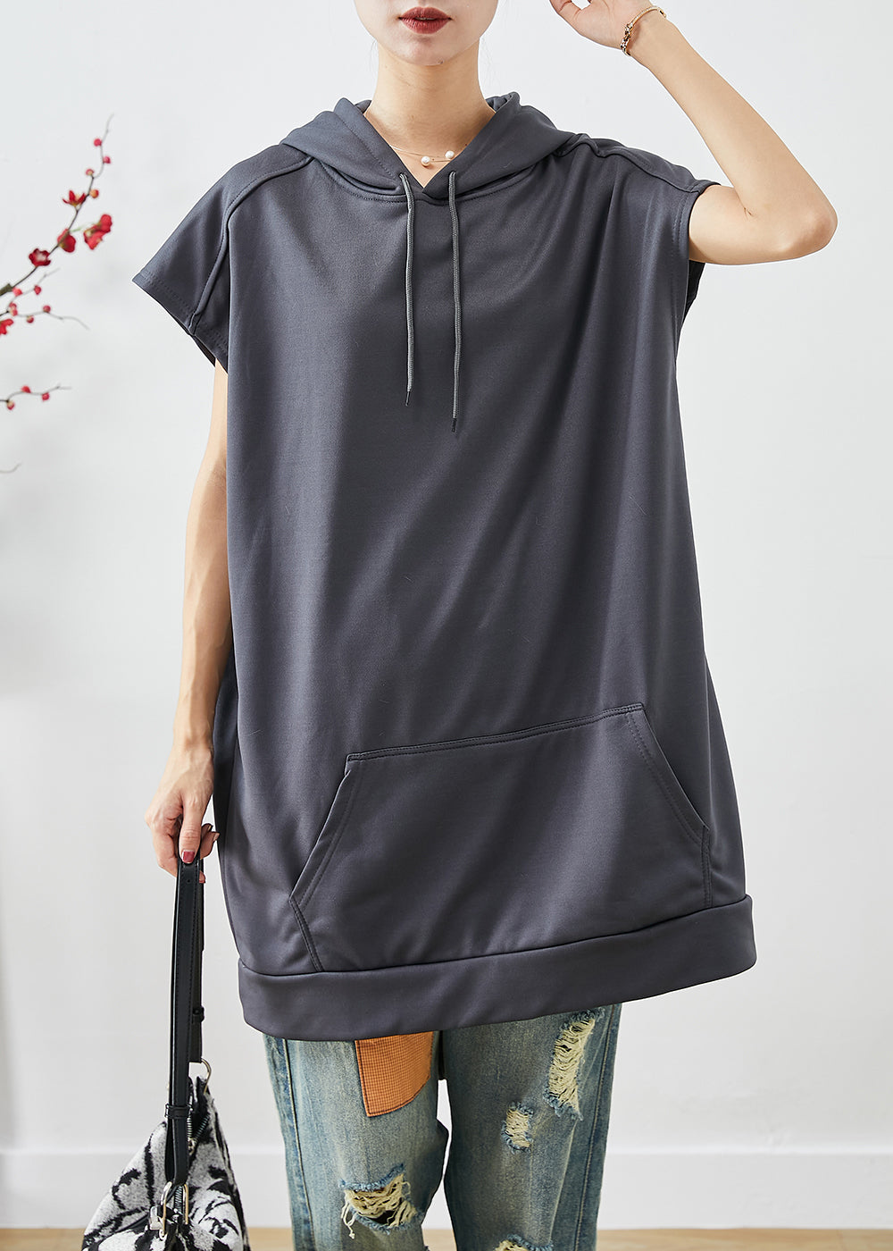 Grey Hooded Pockets Cotton Sweatshirts Tops Summer