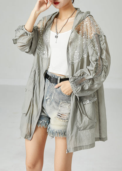 Grey Hooded Sequins Patchwork Drawstring Upf 50+ Coat Jacket Summer