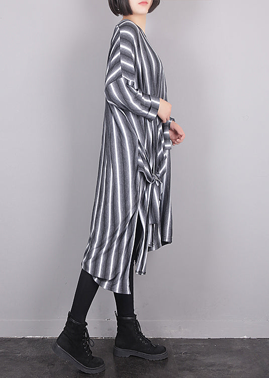 Grey O-neck Asymmetrical Striped Side Open Tie Waist Maxi Dress Fall
