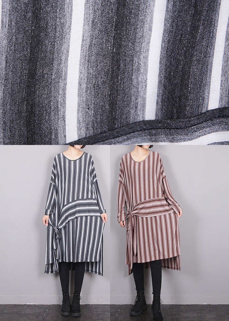Grey O-neck Asymmetrical Striped Side Open Tie Waist Maxi Dress Fall